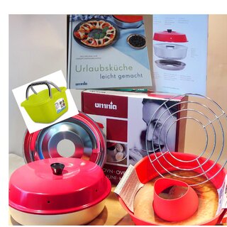 Omnia Camping Ofen oder Silikonform, Aufbackgitter, Aufbewahrungs-Stoffbeutel, Kochbuch, Henkelschüssel